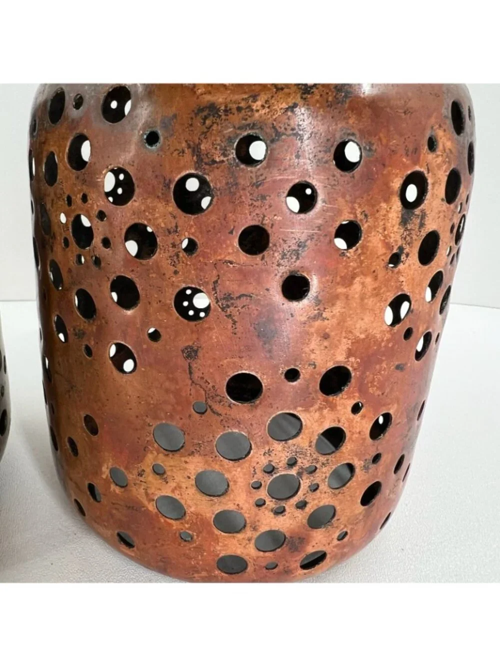 Set of 2 Pierced Copper Metal Candle Holders Votive Lanterns Rustic Decor